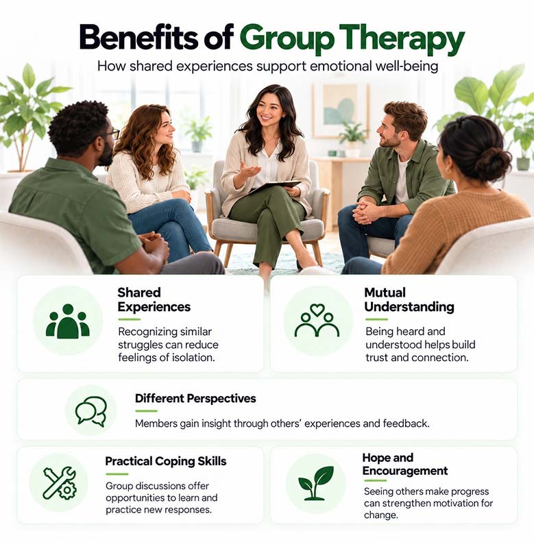 Infographic illustrating the benefits of group therapy, including shared experiences, mutual understanding, different perspectives, coping skills, and emotional support.