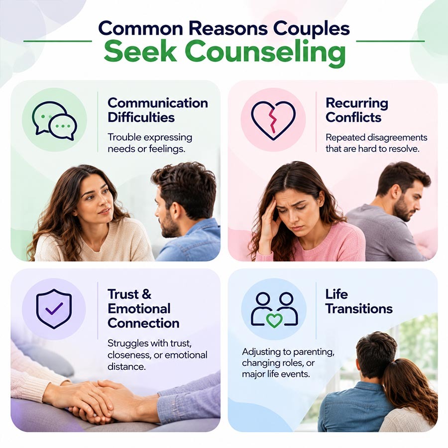 Infographic showing common reasons couples seek marriage counseling, including communication difficulties, recurring conflicts, trust concerns, and major life transitions.