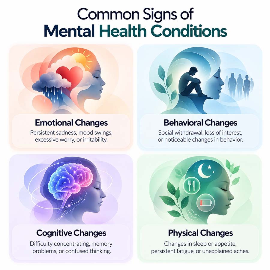 nfographic illustrating common signs of mental health conditions, including emotional changes, social withdrawal, concentration difficulties, and changes in sleep, appetite, or energy.