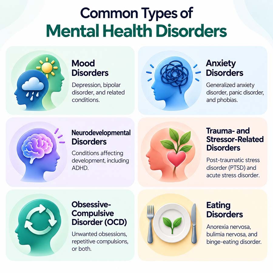 Infographic showing six categories of mental health disorders: mood disorders, anxiety disorders, neurodevelopmental disorders, trauma-related disorders, OCD, and eating disorders.