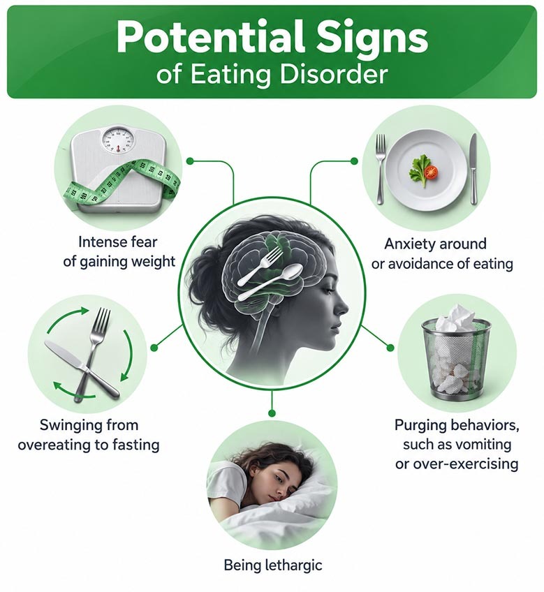Medical infographic illustrating physical, psychological, and behavioral signs of eating disorders