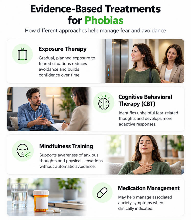 Infographic explaining four approaches to phobia treatment: exposure therapy, cognitive behavioral therapy, mindfulness training, and medication management.