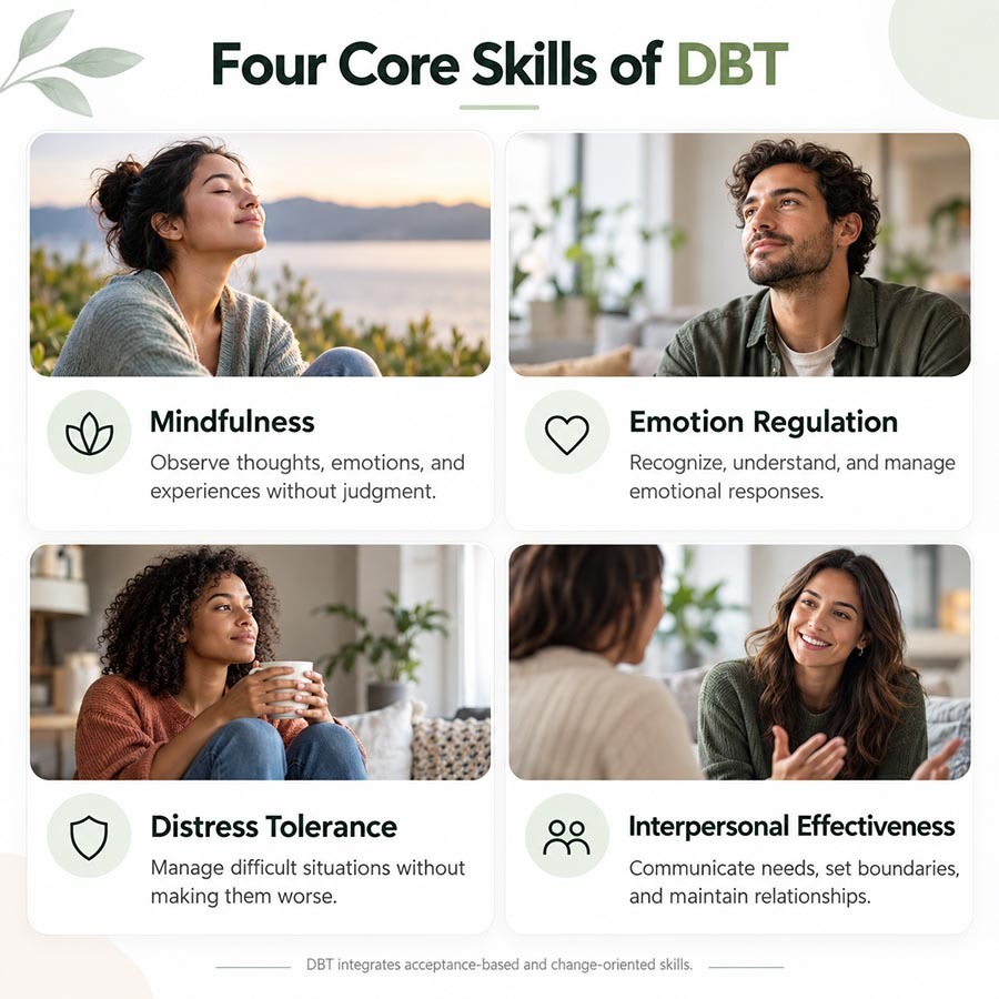 Infographic explaining the four core skills of dialectical behavior therapy (DBT): mindfulness, emotion regulation, distress tolerance, and interpersonal effectiveness.