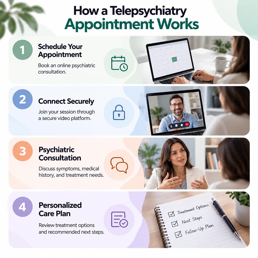 Infographic explaining four steps of an online psychiatry appointment: scheduling, secure video connection, psychiatric consultation, and personalized treatment planning.