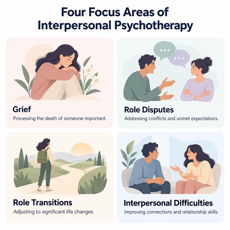 Infographic showing four interpersonal psychotherapy focus areas: grief, role disputes, role transitions, and interpersonal difficulties