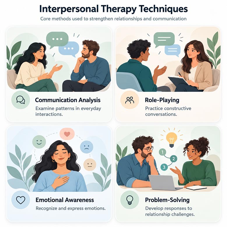 Infographic illustrating interpersonal therapy techniques including communication analysis, role-playing, emotional awareness, and problem-solving