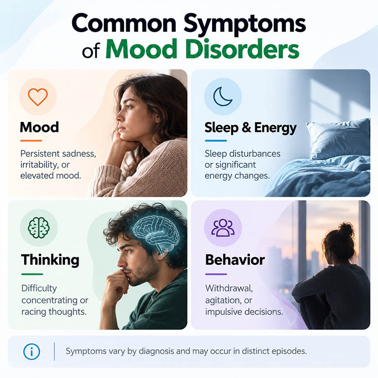 Medical infographic showing mood disorder symptoms involving mood changes, sleep, energy, thinking, and behavior.