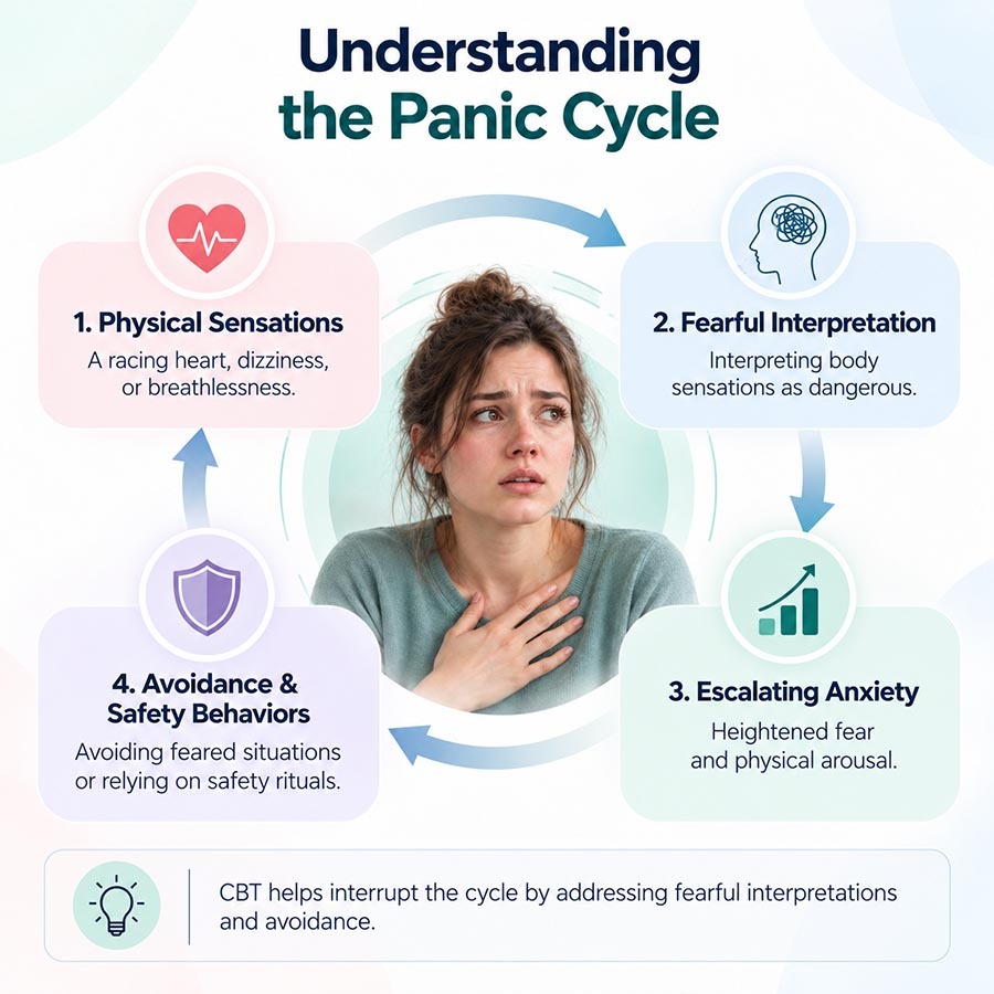 Infographic illustrating the panic cycle: physical sensations, fearful interpretations, escalating anxiety, and avoidance behaviors that CBT helps address.