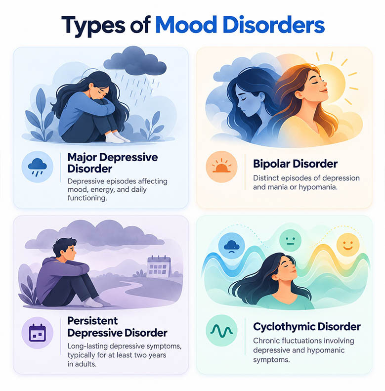 Infographic comparing major depressive disorder, bipolar disorder, persistent depressive disorder, and cyclothymic disorder.