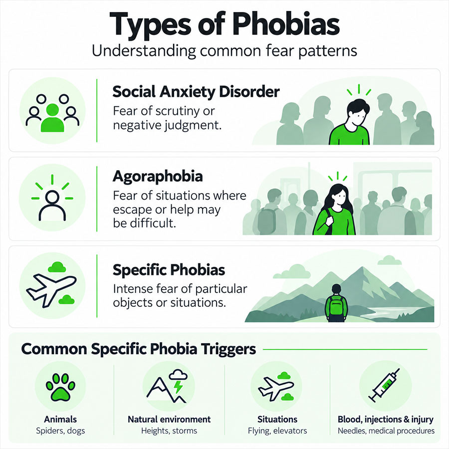 Infographic showing social anxiety disorder, agoraphobia, and specific phobias, including fears of animals, heights, flying, and medical procedures.